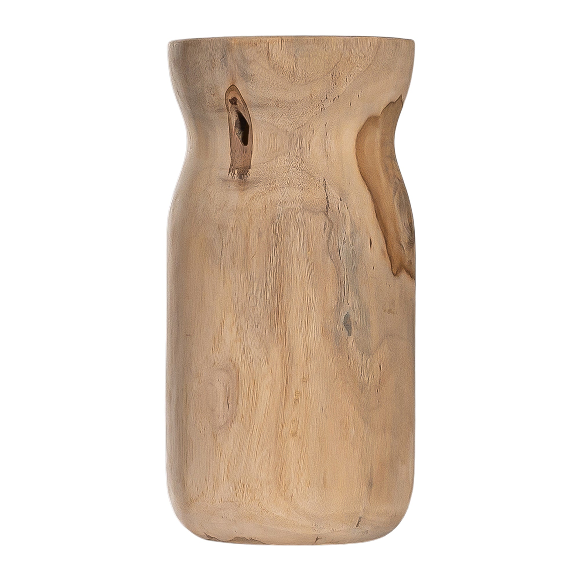 Hand-carved teak vases showcasing organic grain patterns and a smooth natural finish. A versatile decorative accent for refined interiors