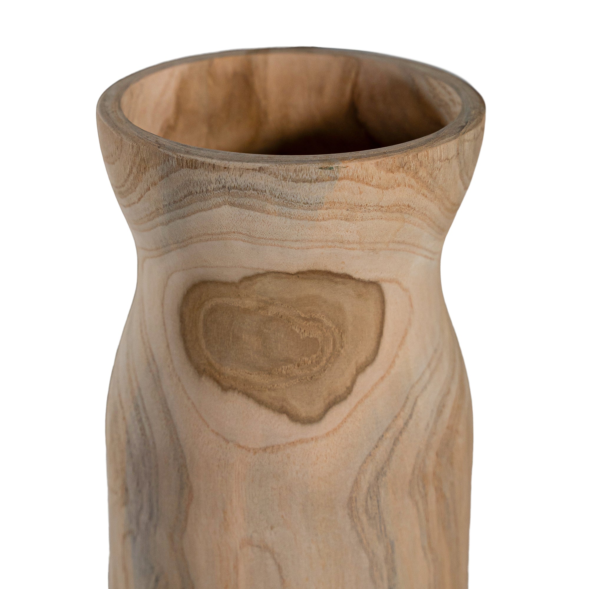 Hand-carved teak vases showcasing organic grain patterns and a smooth natural finish. A versatile decorative accent for refined interiors