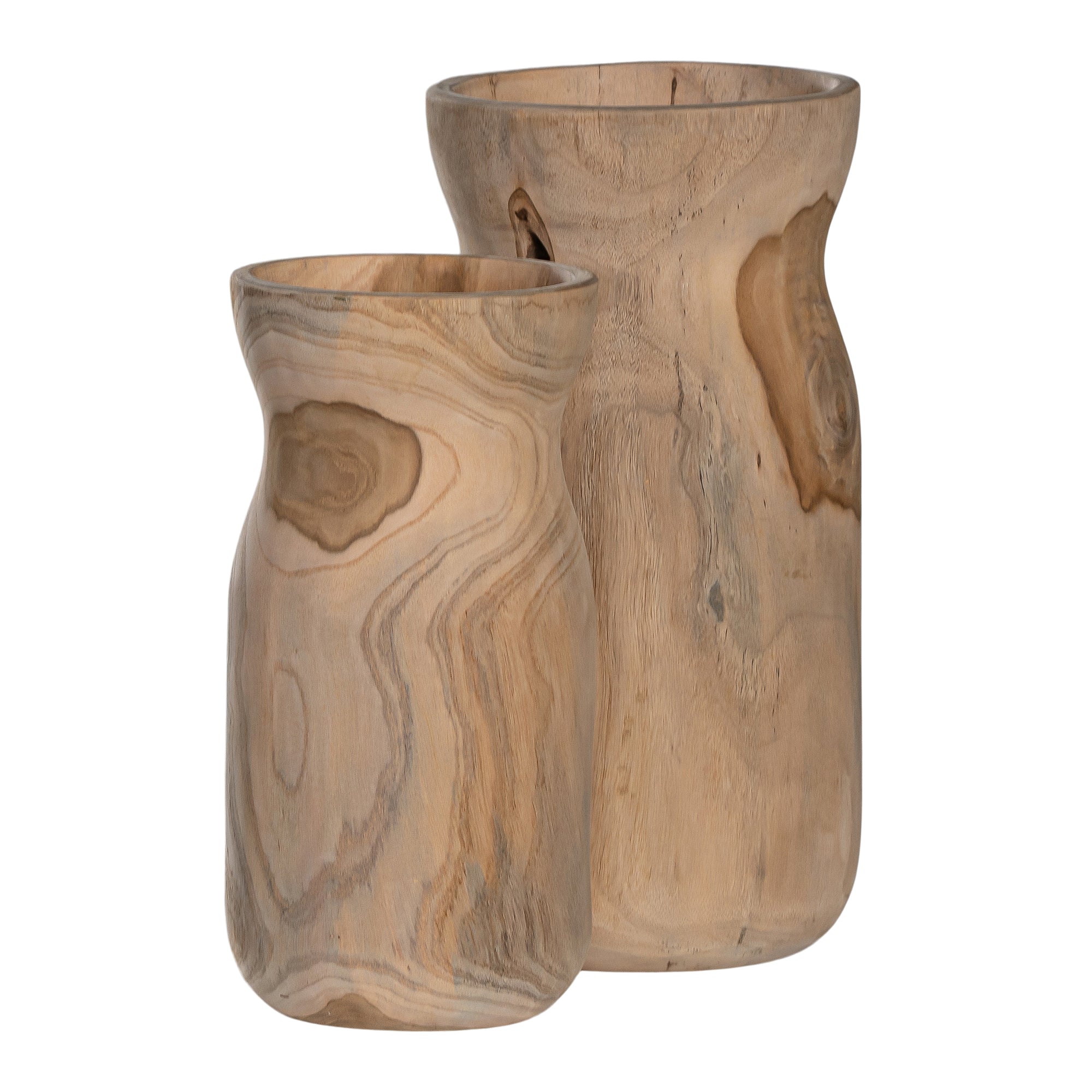 Set of two hand-carved teak vases showcasing organic grain patterns and a smooth natural finish. A versatile decorative accent for refined interiors