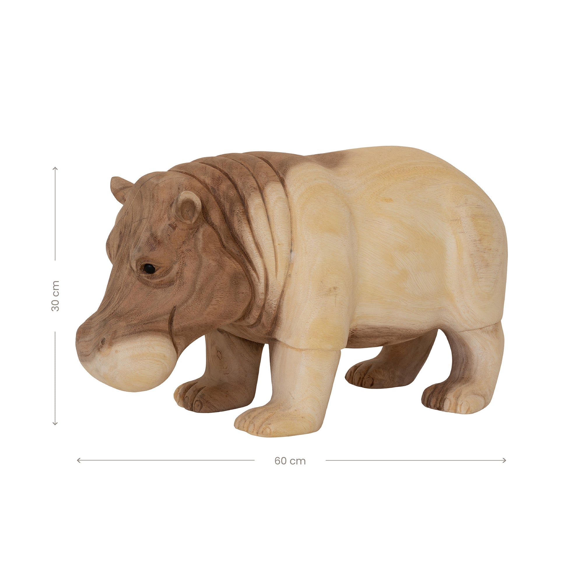 A beautifully handcrafted wooden hippo sculpture, showcasing natural wood grain and smooth detailing. A unique decorative piece for adding organic charm to any space.