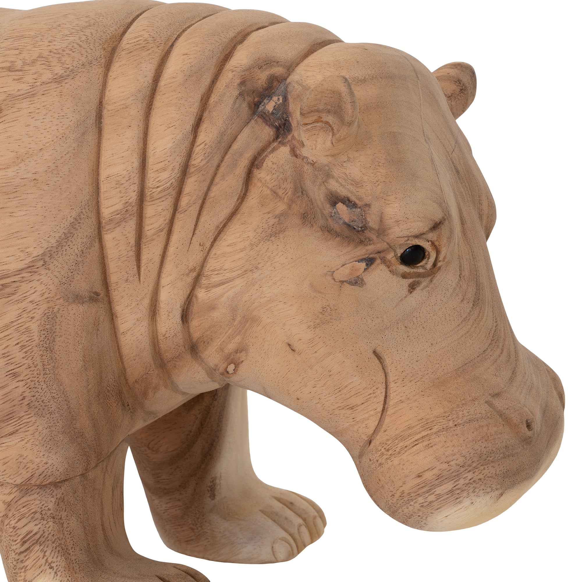 A beautifully handcrafted wooden hippo sculpture, showcasing natural wood grain and smooth detailing. A unique decorative piece for adding organic charm to any space.