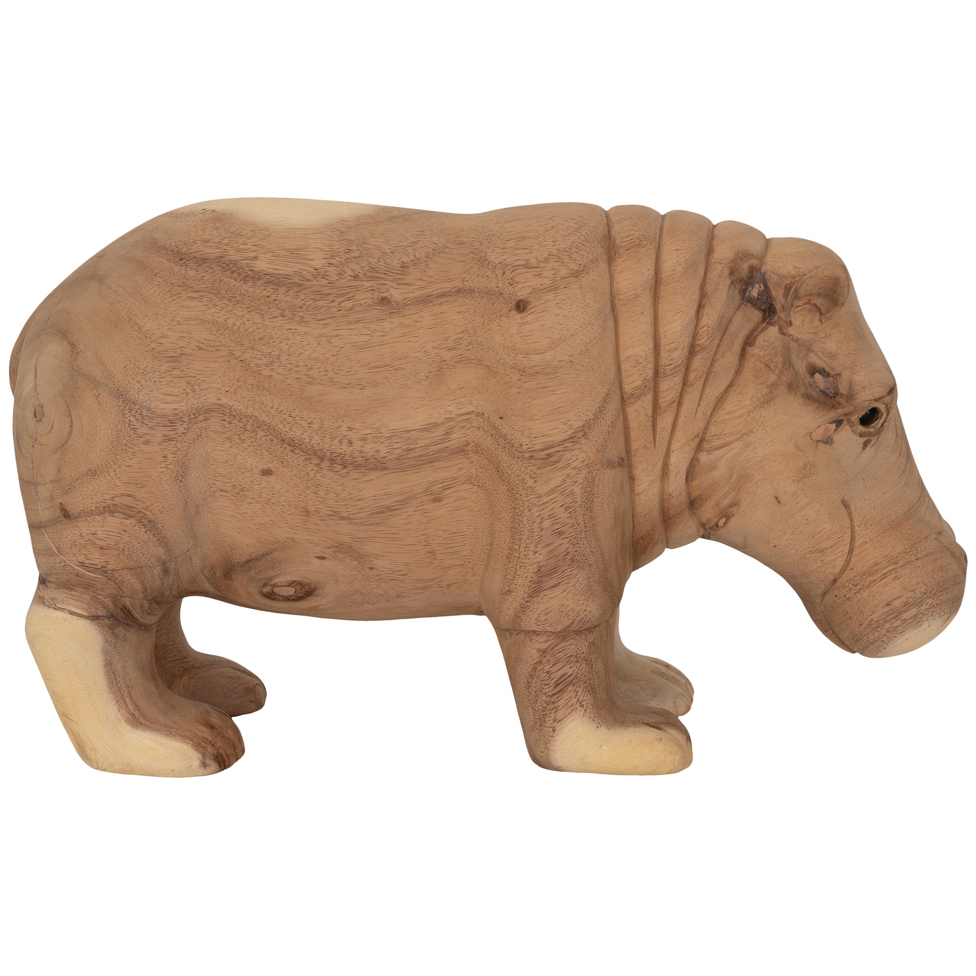 A beautifully handcrafted wooden hippo sculpture, showcasing natural wood grain and smooth detailing. A unique decorative piece for adding organic charm to any space.