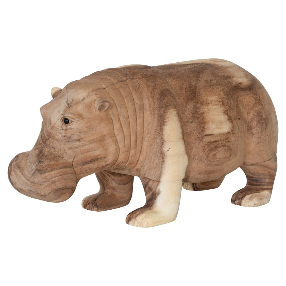 A beautifully handcrafted wooden hippo sculpture, showcasing natural wood grain and smooth detailing. A unique decorative piece for adding organic charm to any space