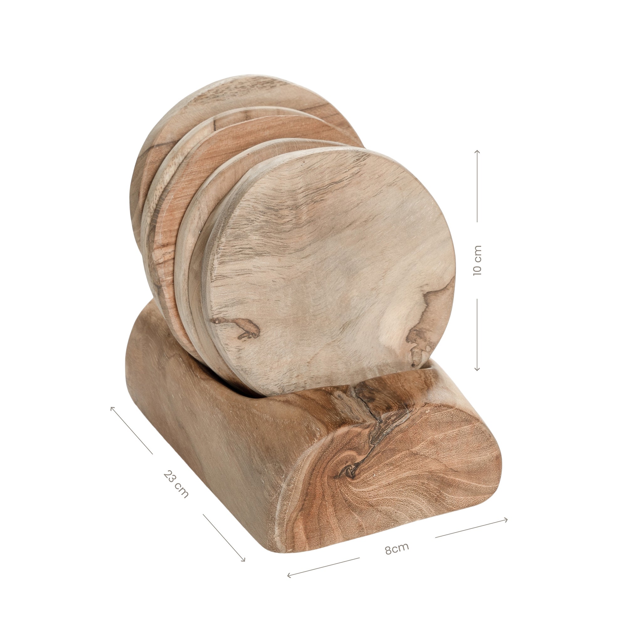 A set of handcrafted wooden coasters with a matching holder, showcasing organic textures and natural wood grain, perfect for adding a rustic touch to any table setting.