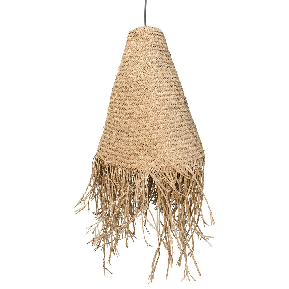 A natural handwoven jute pendant light with a conical silhouette and fringed base, suspended from a black cord. The organic texture and earthy tones create a relaxed, coastal-inspired aesthetic, perfect for enhancing bohemian, rustic, or modern interiors