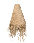 A natural handwoven jute pendant light with a conical silhouette and fringed base, suspended from a black cord. The organic texture and earthy tones create a relaxed, coastal-inspired aesthetic, perfect for enhancing bohemian, rustic, or modern interiors