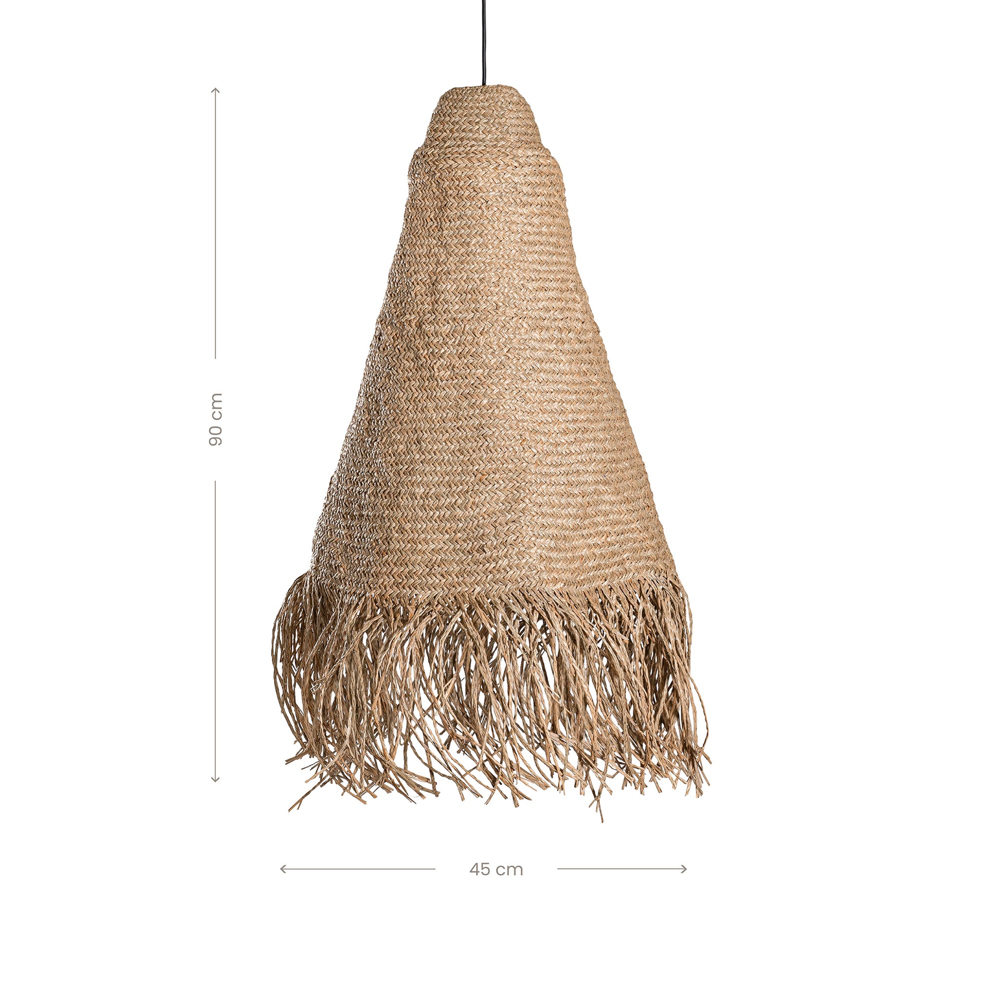 A natural handwoven jute pendant light with a conical silhouette and fringed base, suspended from a black cord. The organic texture and earthy tones create a relaxed, coastal-inspired aesthetic, perfect for enhancing bohemian, rustic, or modern interiors