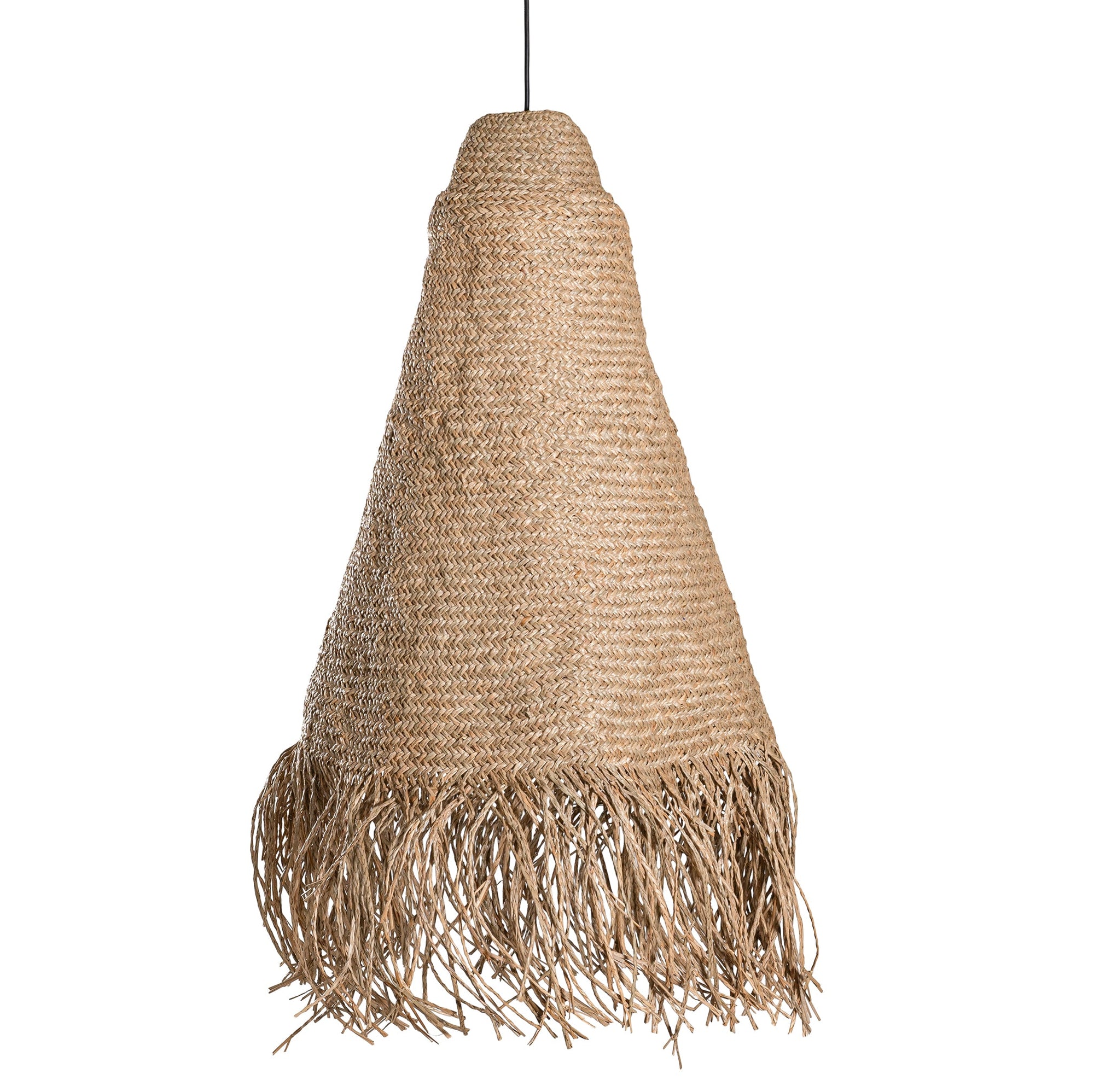 A natural handwoven jute pendant light with a conical silhouette and fringed base, suspended from a black cord. The organic texture and earthy tones create a relaxed, coastal-inspired aesthetic, perfect for enhancing bohemian, rustic, or modern interiors