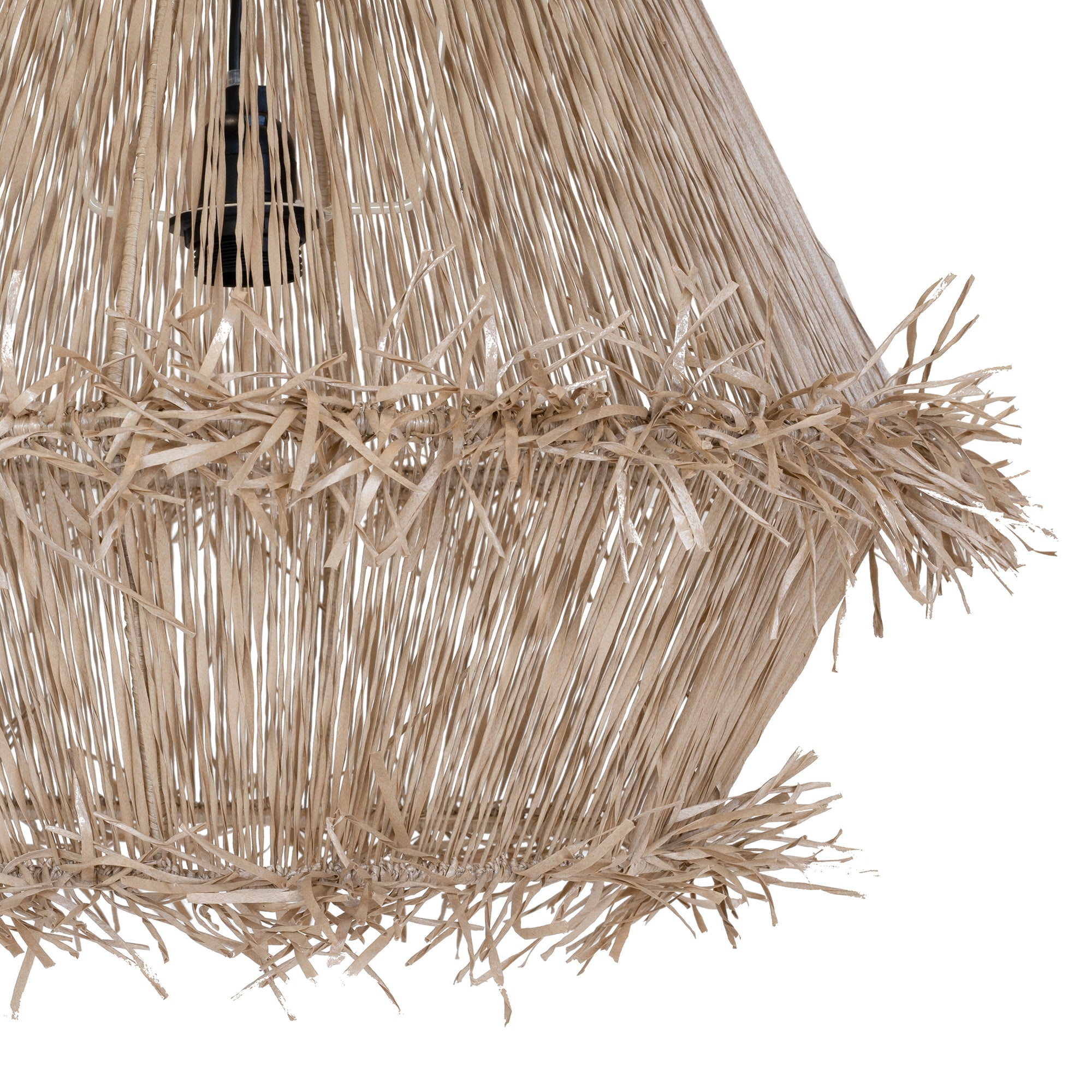 Handwoven natural pendant light with layered raffia fringe, creating a relaxed coastal and organic aesthetic