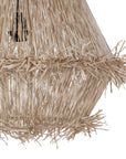 Handwoven natural pendant light with layered raffia fringe, creating a relaxed coastal and organic aesthetic