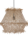 Handwoven natural pendant light with layered raffia fringe, creating a relaxed coastal and organic aesthetic