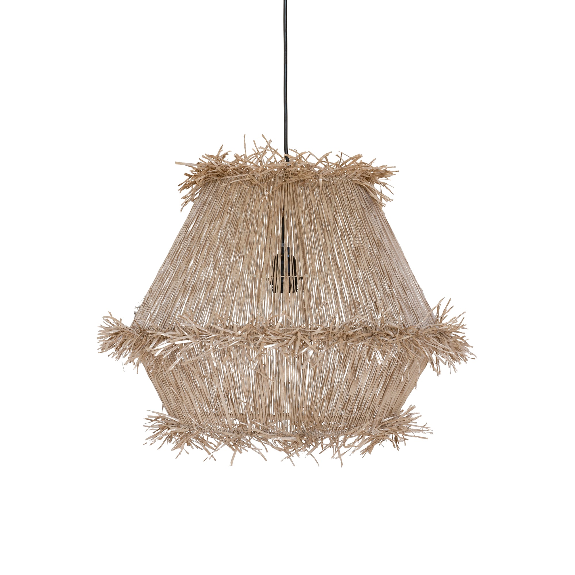 Handwoven natural pendant light with layered raffia fringe, creating a relaxed coastal and organic aesthetic