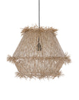 Handwoven natural pendant light with layered raffia fringe, creating a relaxed coastal and organic aesthetic