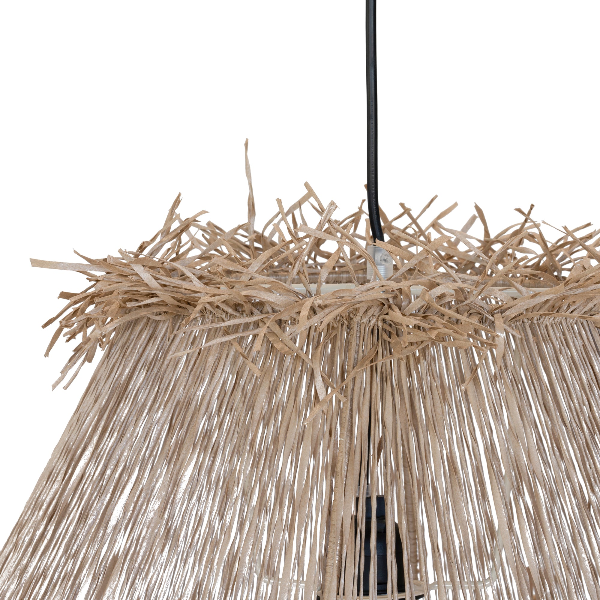 Handwoven natural pendant light with layered raffia fringe, creating a relaxed coastal and organic aesthetic