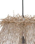 Handwoven natural pendant light with layered raffia fringe, creating a relaxed coastal and organic aesthetic