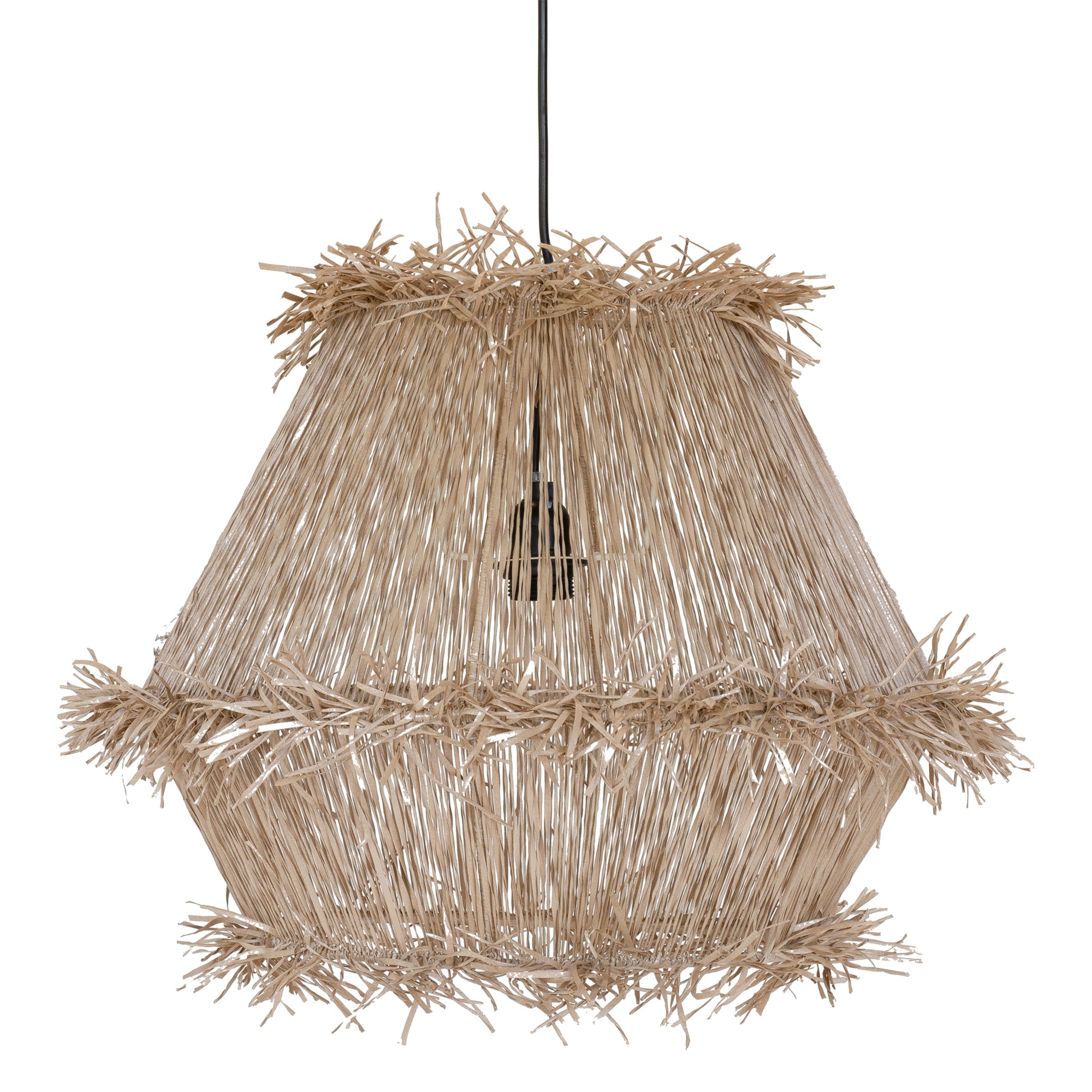 Handwoven natural pendant light with layered raffia fringe, creating a relaxed coastal and organic aesthetic