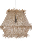 Handwoven natural pendant light with layered raffia fringe, creating a relaxed coastal and organic aesthetic