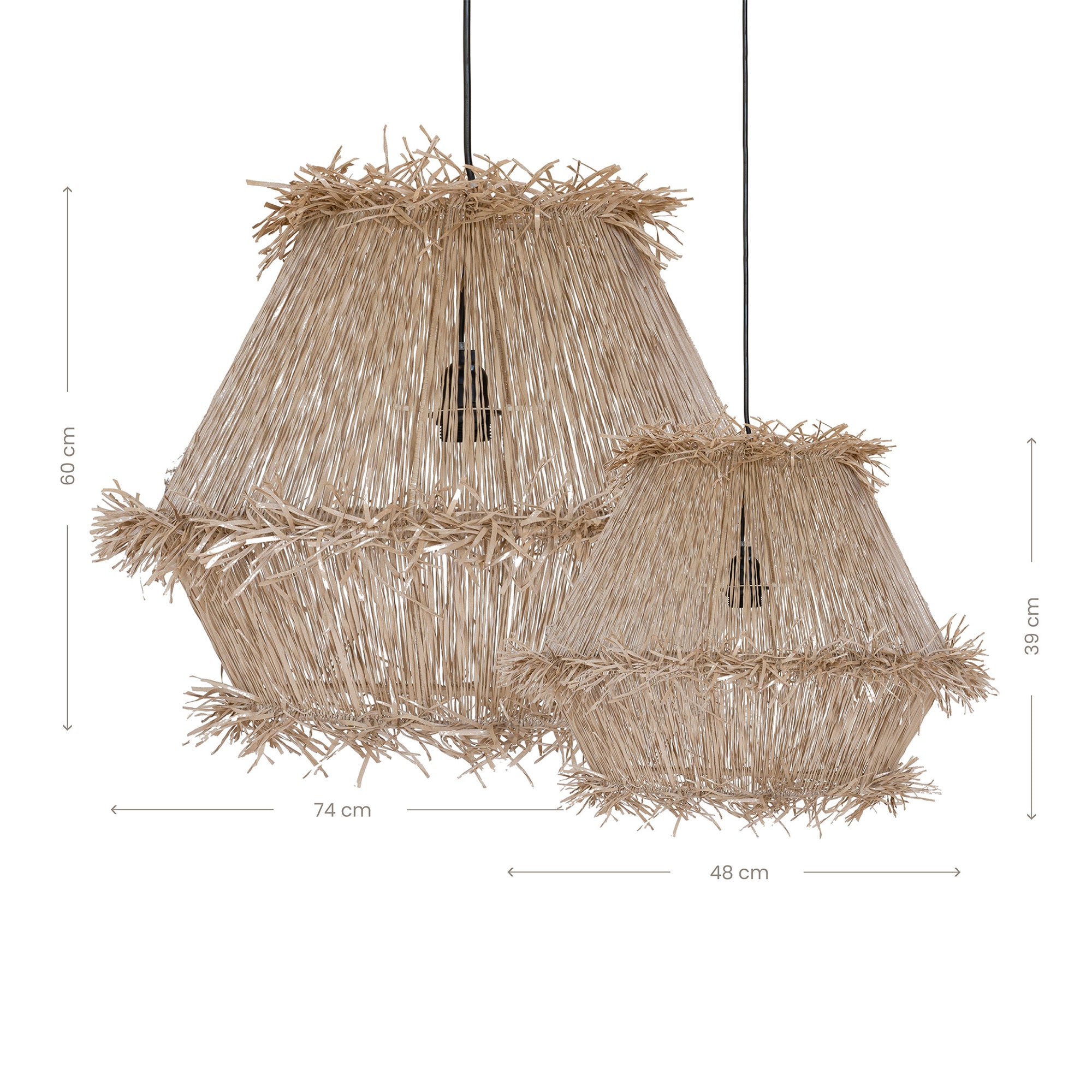 Handwoven natural pendant light with layered raffia fringe, creating a relaxed coastal and organic aesthetic