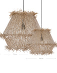 Handwoven natural pendant light with layered raffia fringe, creating a relaxed coastal and organic aesthetic