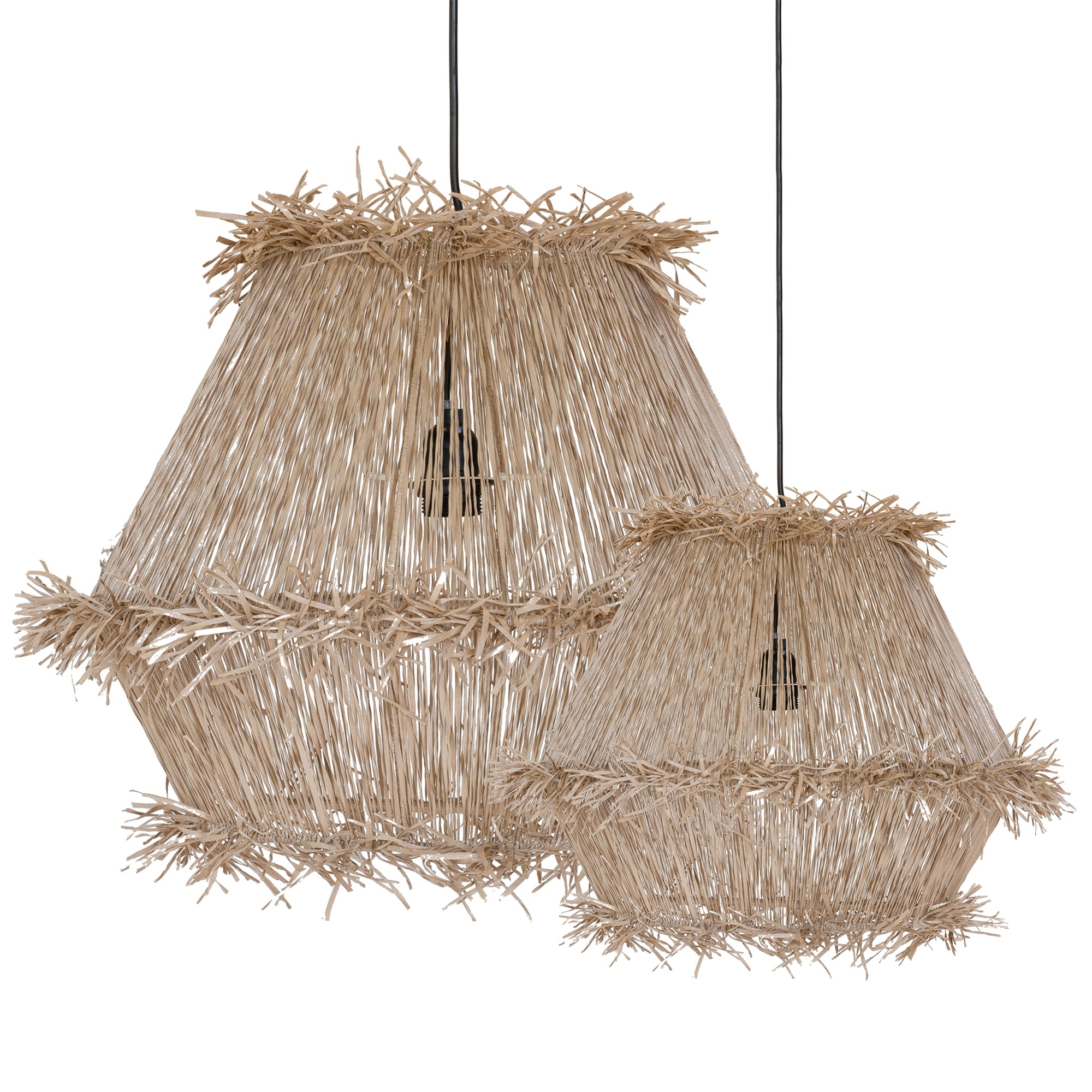 Handwoven natural pendant light with layered raffia fringe, creating a relaxed coastal and organic aesthetic