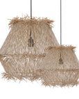 Handwoven natural pendant light with layered raffia fringe, creating a relaxed coastal and organic aesthetic