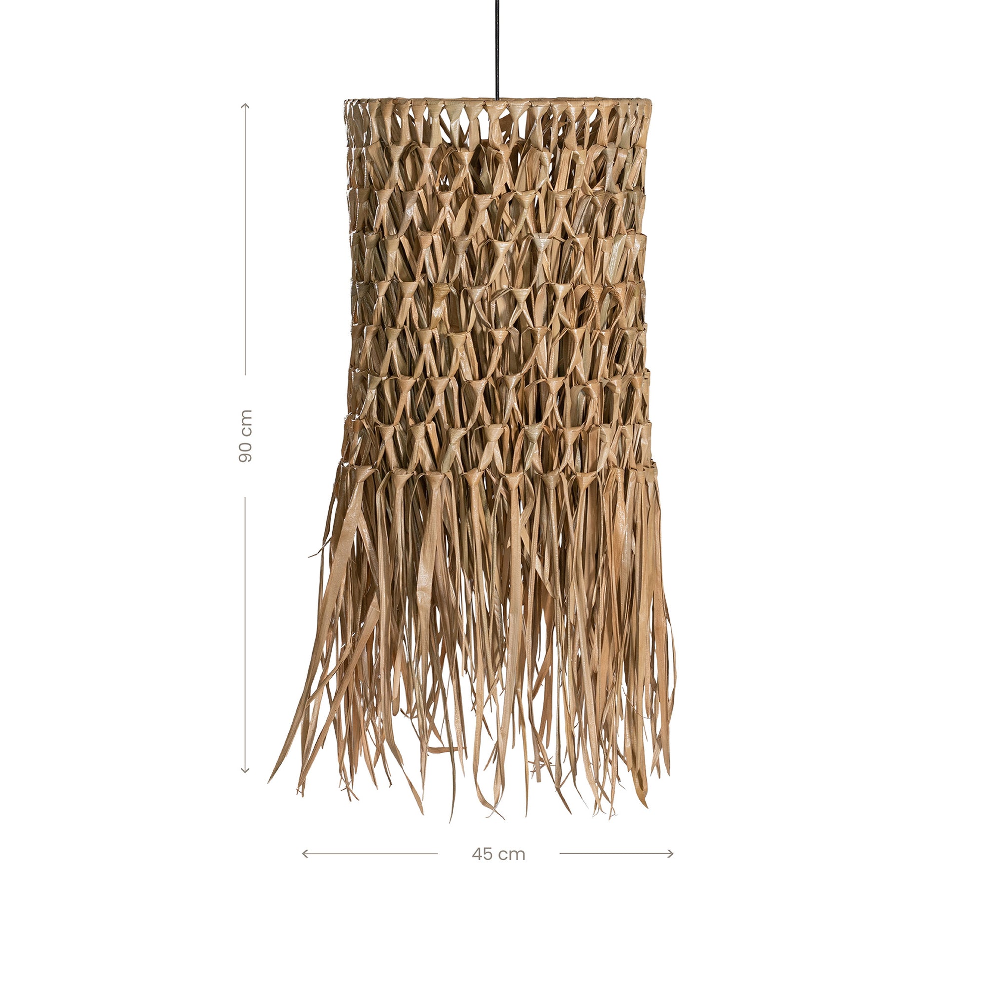 Handwoven raffia pendant light with an intricate open-weave pattern and natural fringe detailing, adding organic texture to any interior space