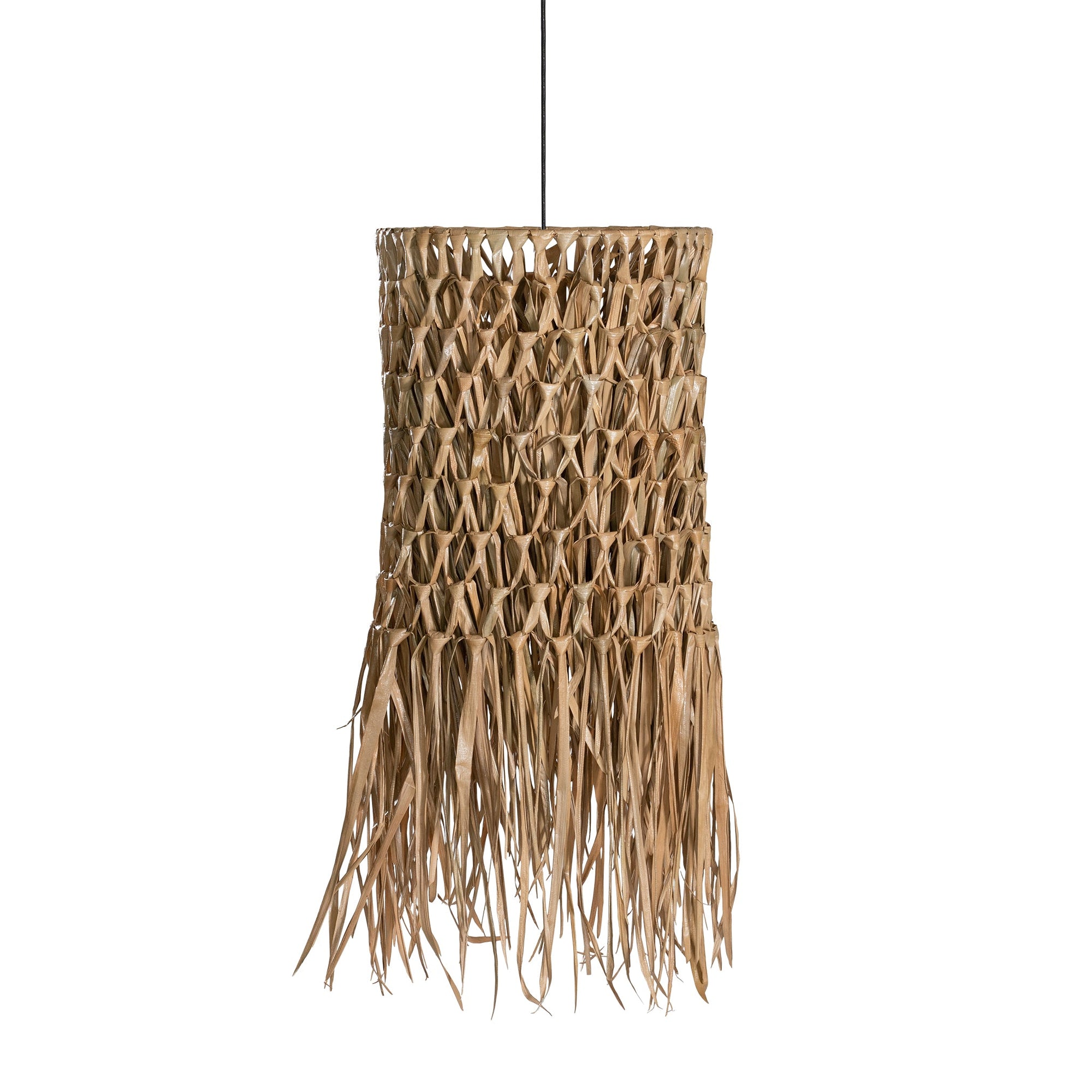 Handwoven raffia pendant light with an intricate open-weave pattern and natural fringe detailing, adding organic texture to any interior space