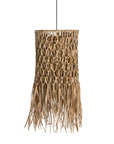 Handwoven raffia pendant light with an intricate open-weave pattern and natural fringe detailing, adding organic texture to any interior space