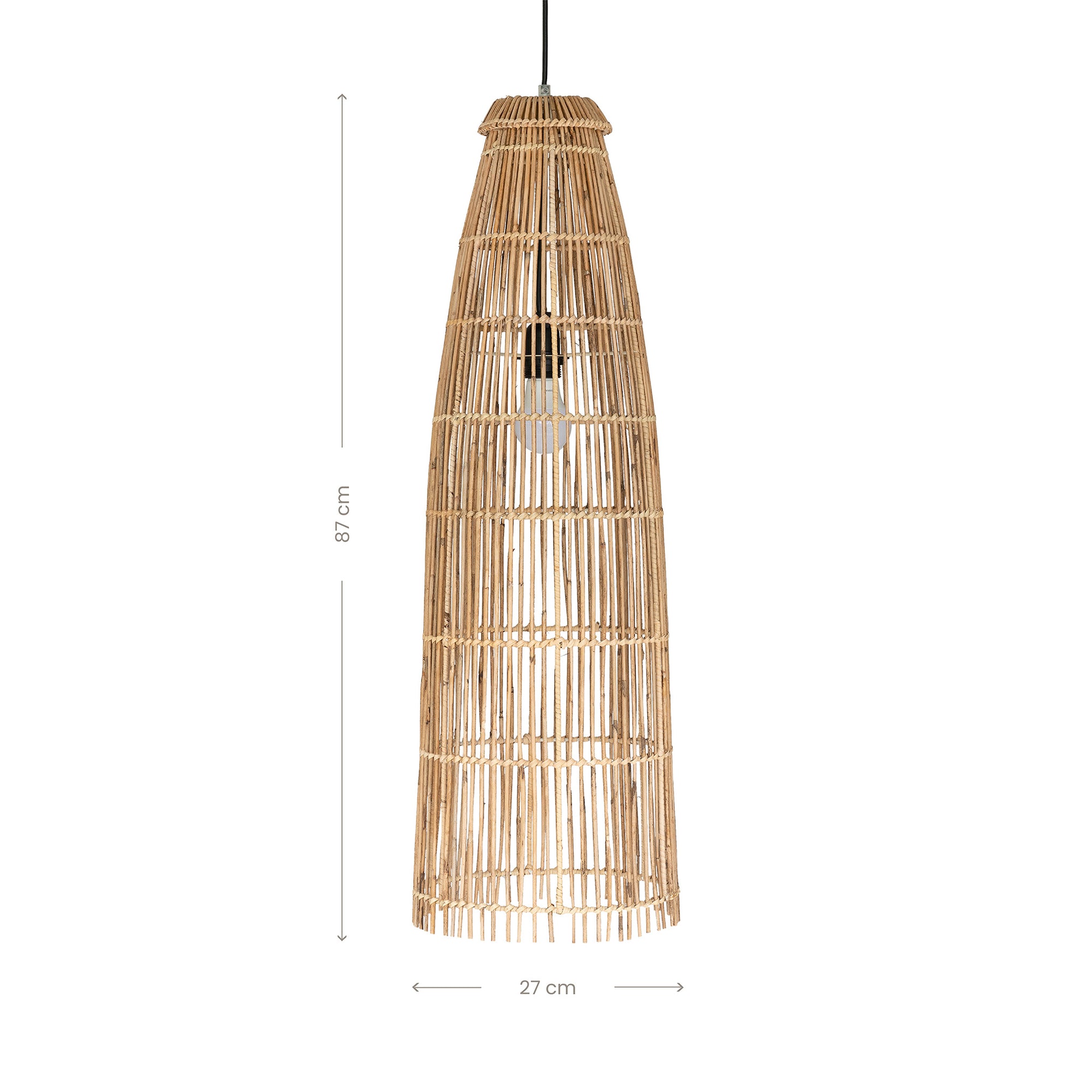 Tall handwoven rattan pendant light with an open lattice design, offering natural texture and airy illumination for contemporary interiors