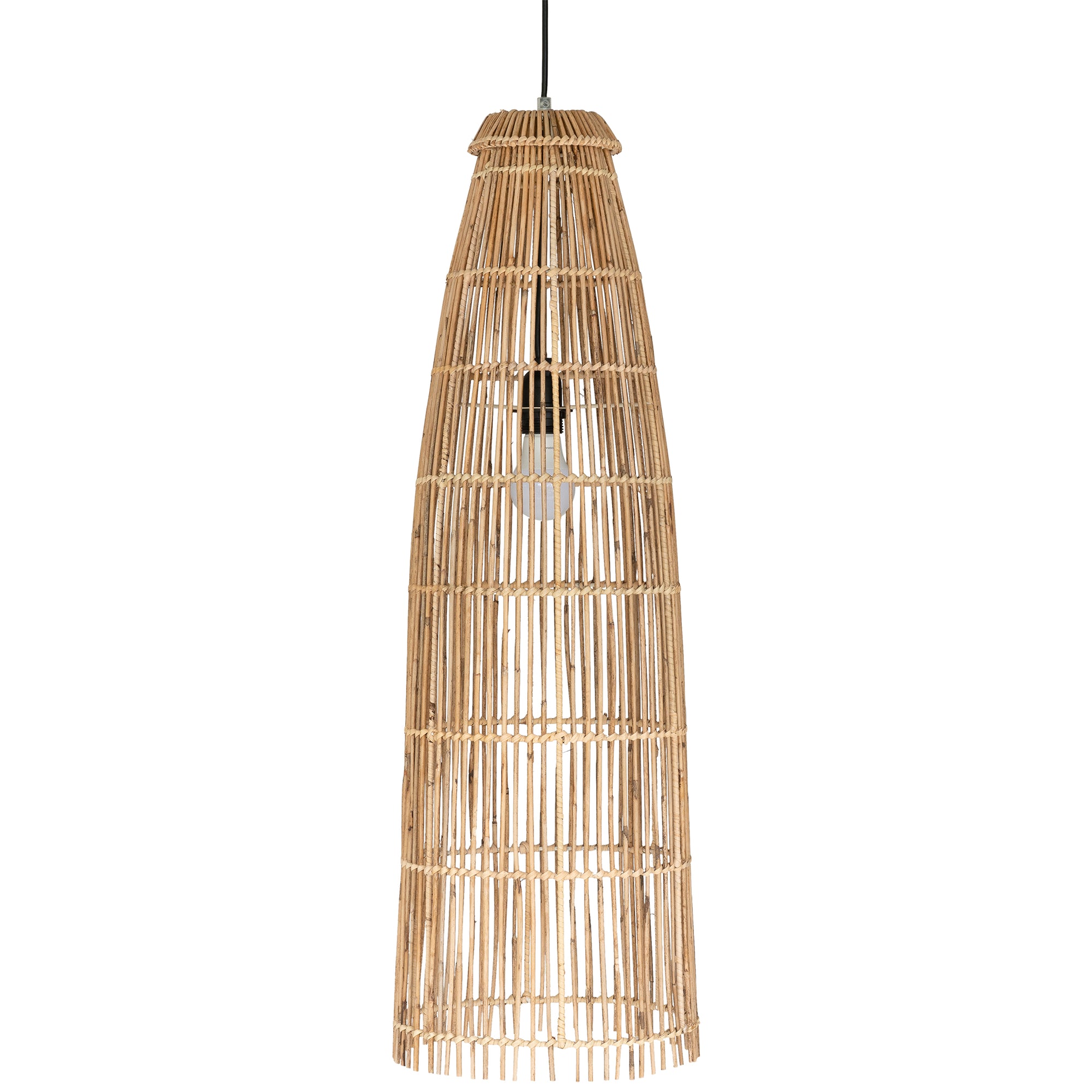 Tall handwoven rattan pendant light with an open lattice design, offering natural texture and airy illumination for contemporary interiors