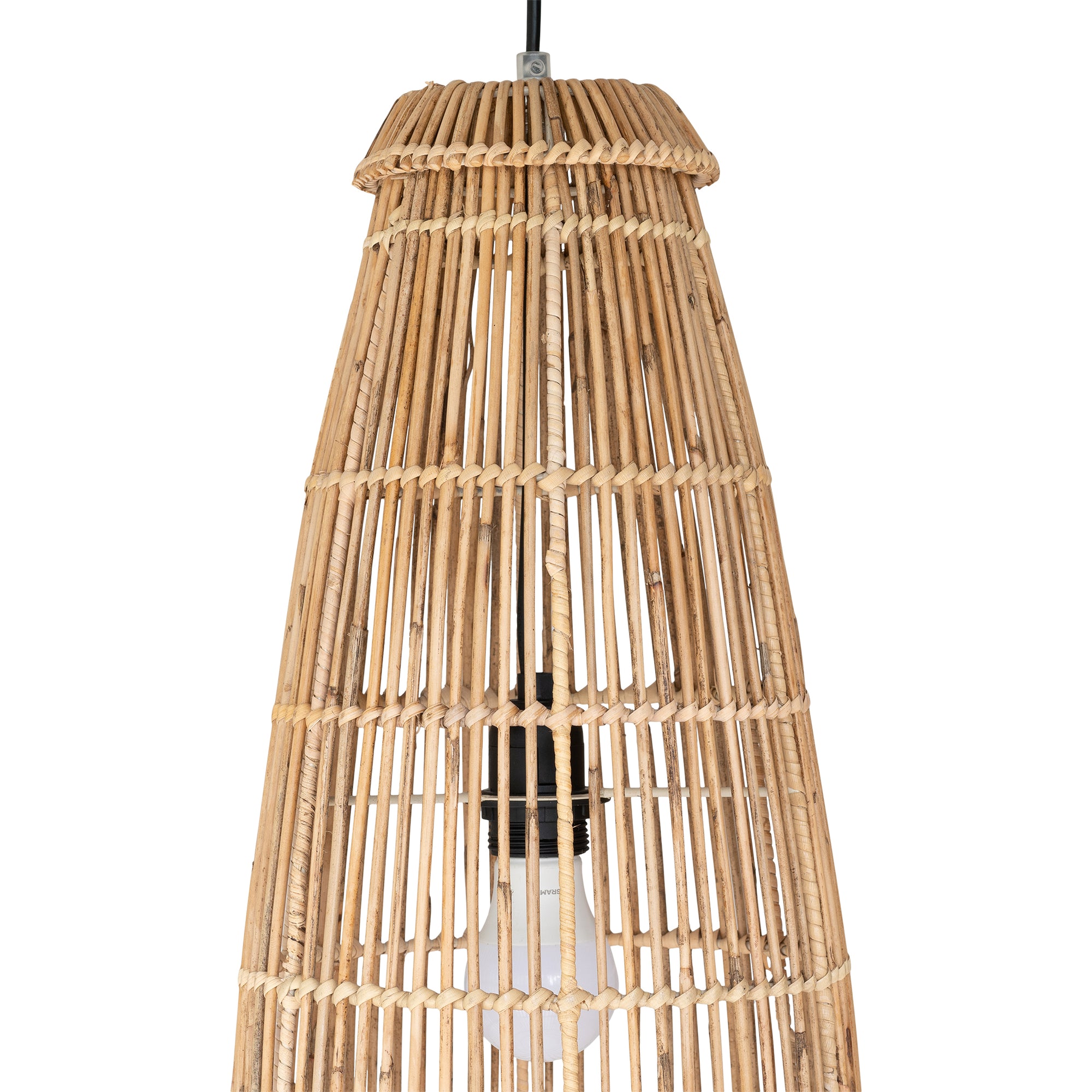 Tall handwoven rattan pendant light with an open lattice design, offering natural texture and airy illumination for contemporary interiors