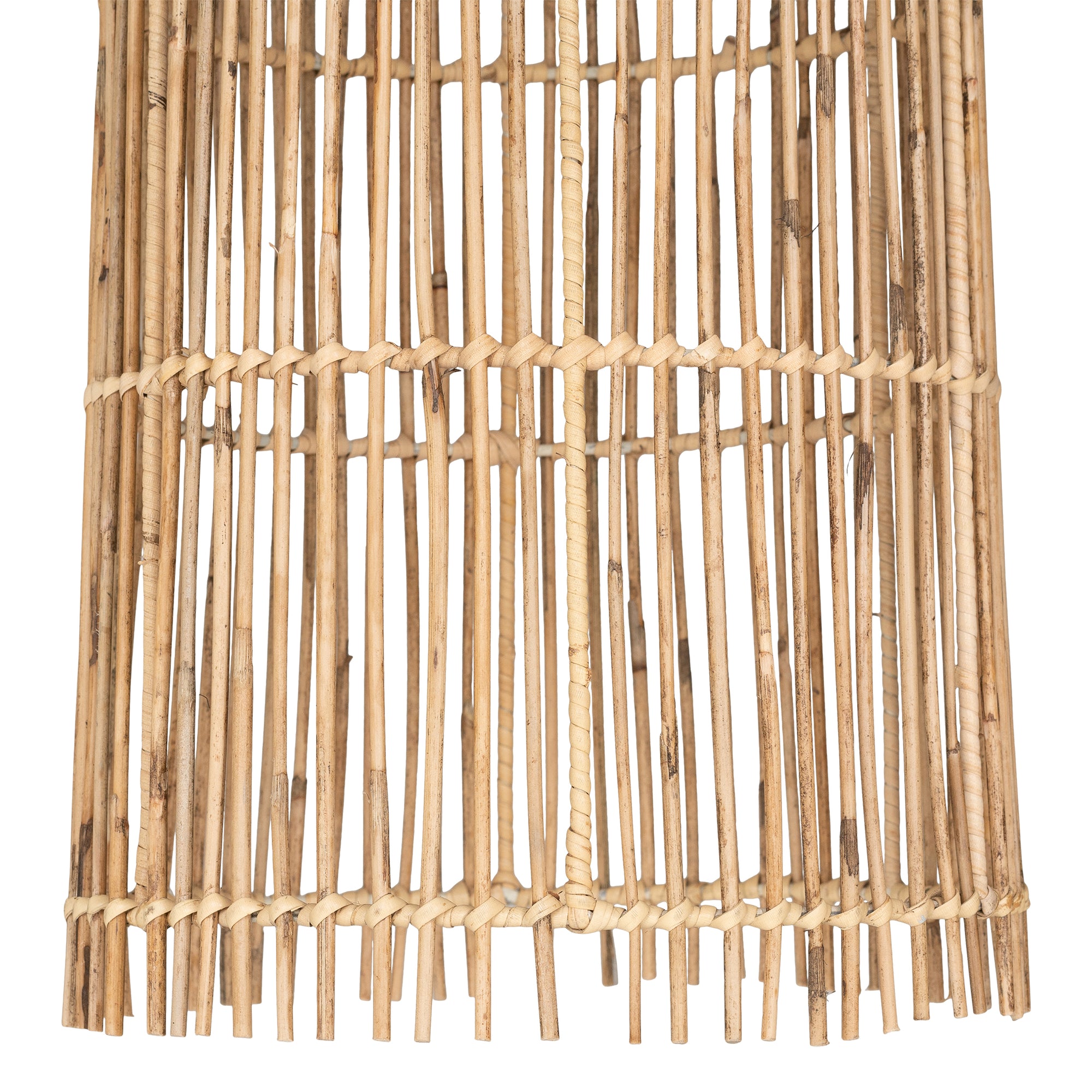 Tall handwoven rattan pendant light with an open lattice design, offering natural texture and airy illumination for contemporary interiors