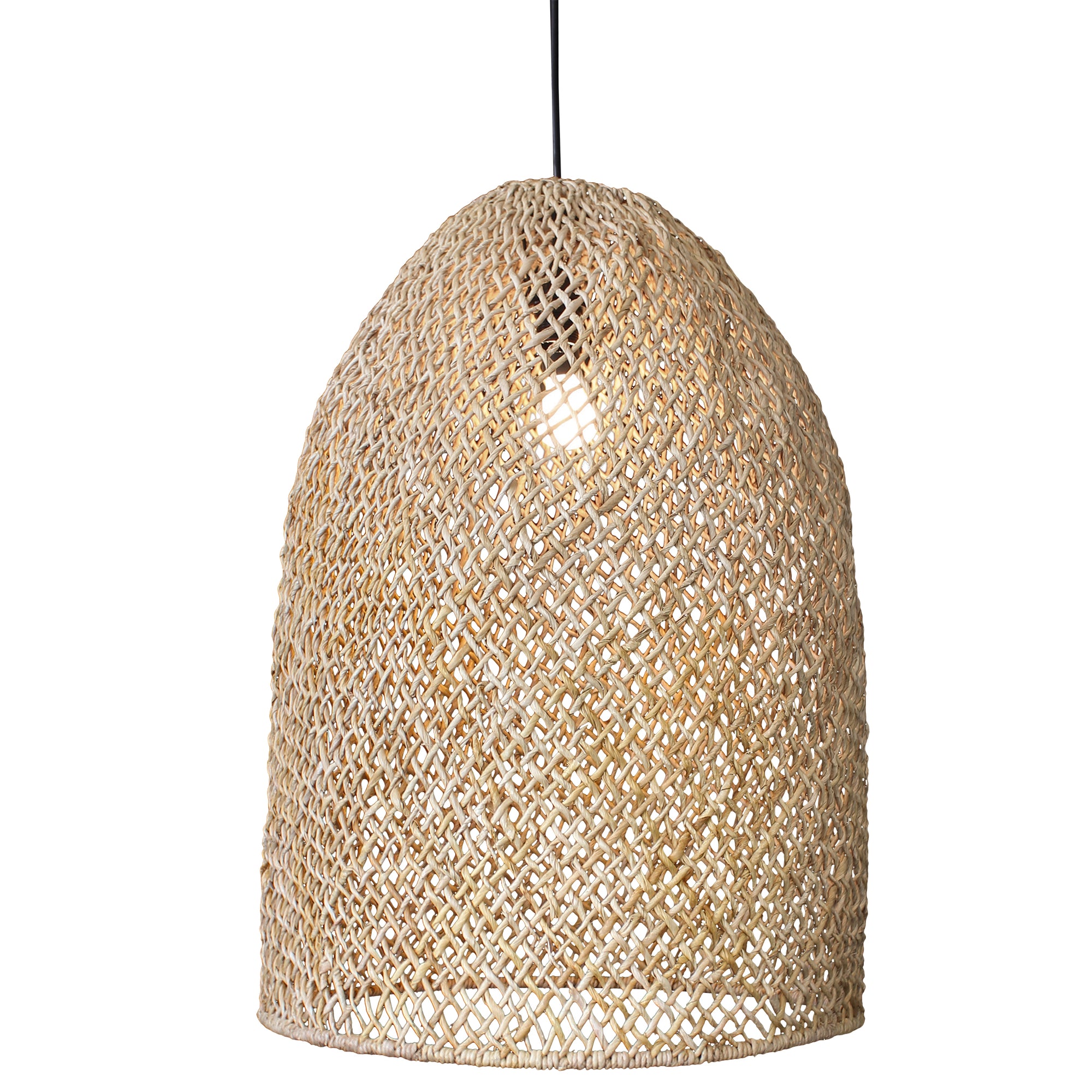 Handwoven rattan pendant light in a natural finish, featuring an intricate open-weave design that casts warm ambient lighting, perfect for coastal and contemporary interiors