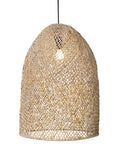 Handwoven rattan pendant light in a natural finish, featuring an intricate open-weave design that casts warm ambient lighting, perfect for coastal and contemporary interiors