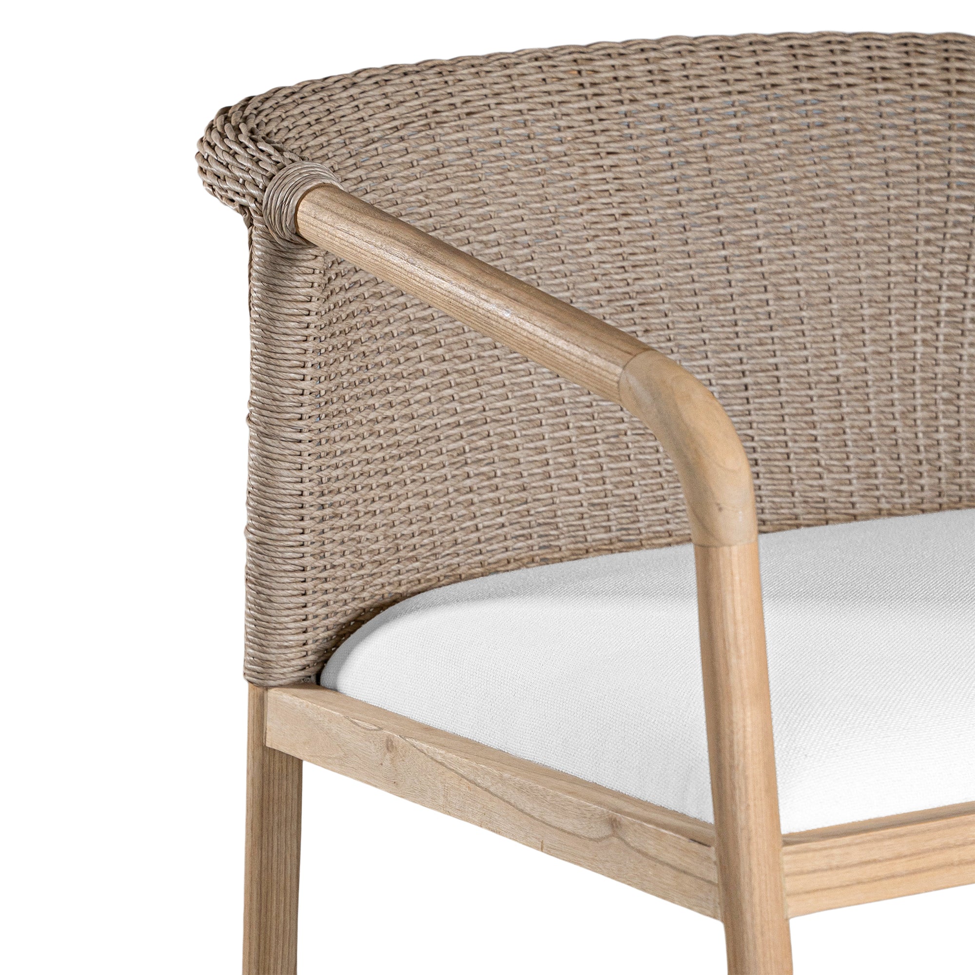 Modern woven armchair with a light timber frame and a plush white seat cushion. A perfect blend of natural texture and contemporary design for relaxed living spaces