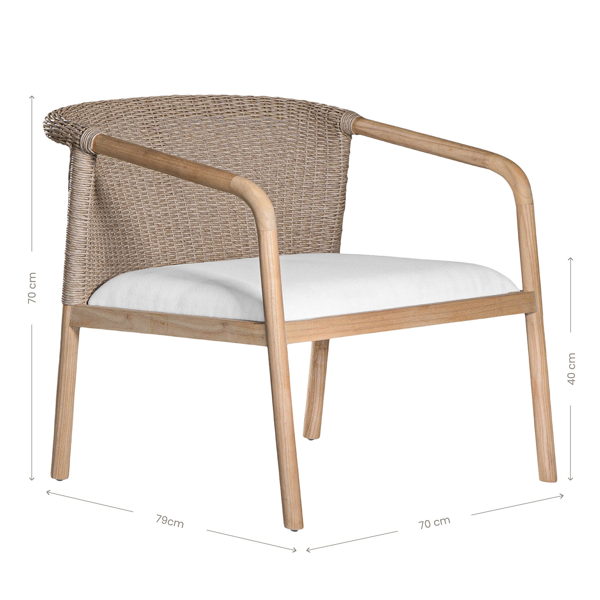 Modern woven armchair with a light timber frame and a plush white seat cushion. A perfect blend of natural texture and contemporary design for relaxed living spaces