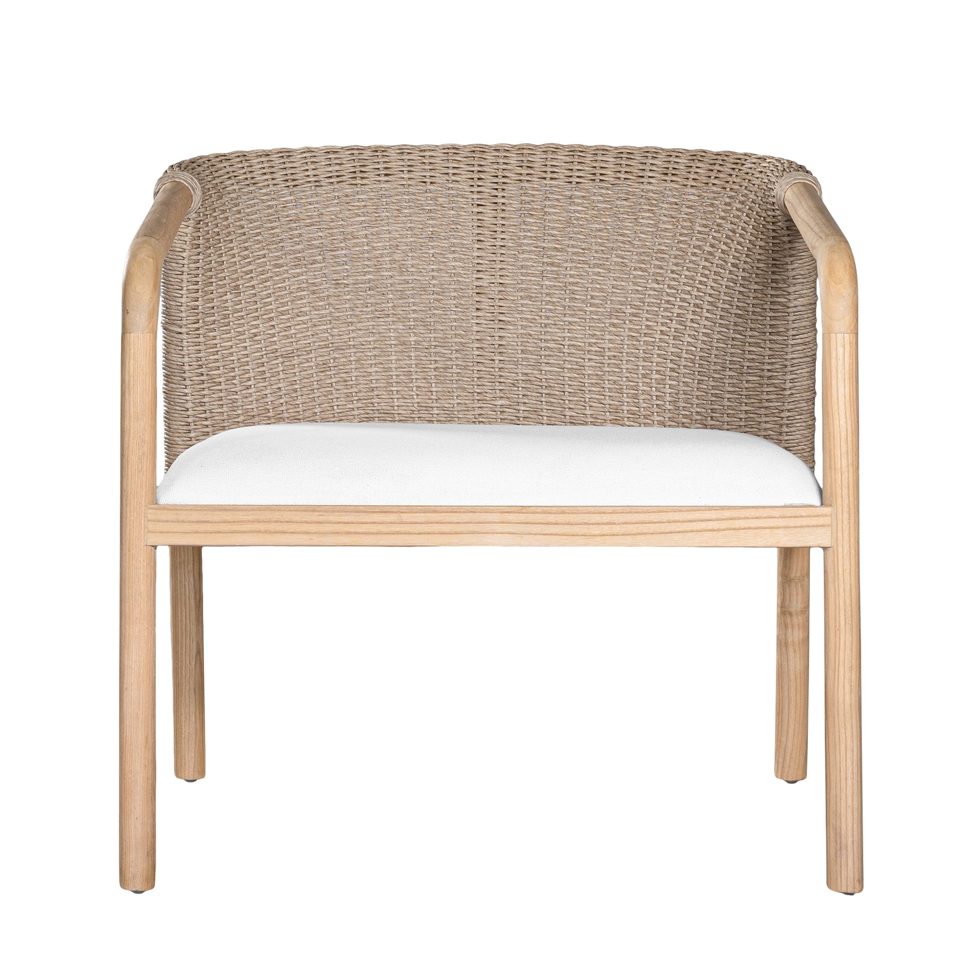 Modern woven armchair with a light timber frame and a plush white seat cushion. A perfect blend of natural texture and contemporary design for relaxed living spaces