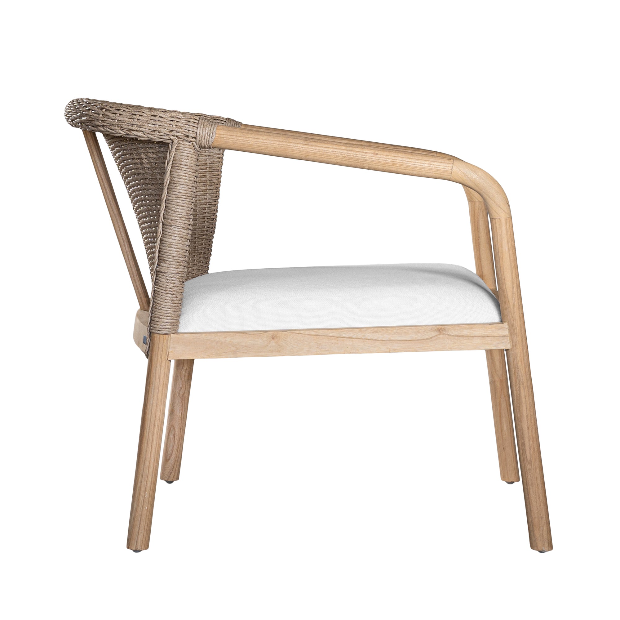 Modern woven armchair with a light timber frame and a plush white seat cushion. A perfect blend of natural texture and contemporary design for relaxed living spaces