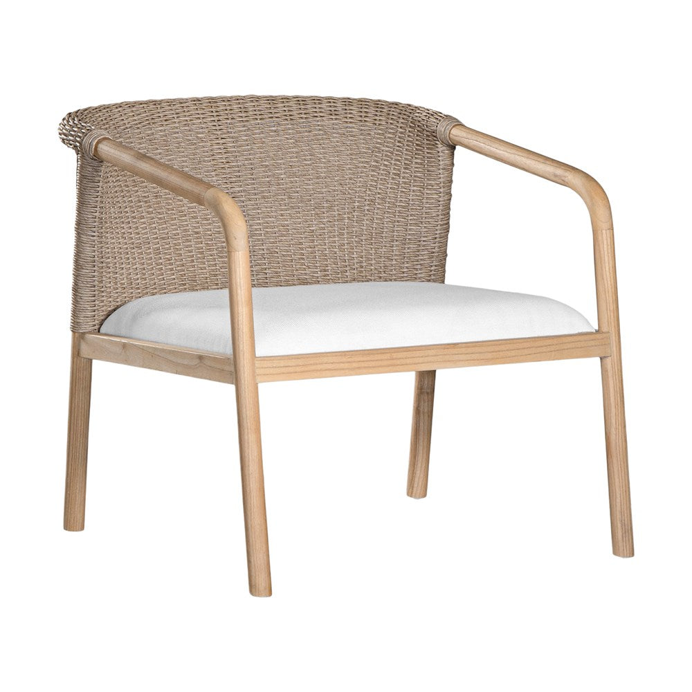 Modern woven armchair with a light timber frame and a plush white seat cushion. A perfect blend of natural texture and contemporary design for relaxed living spaces