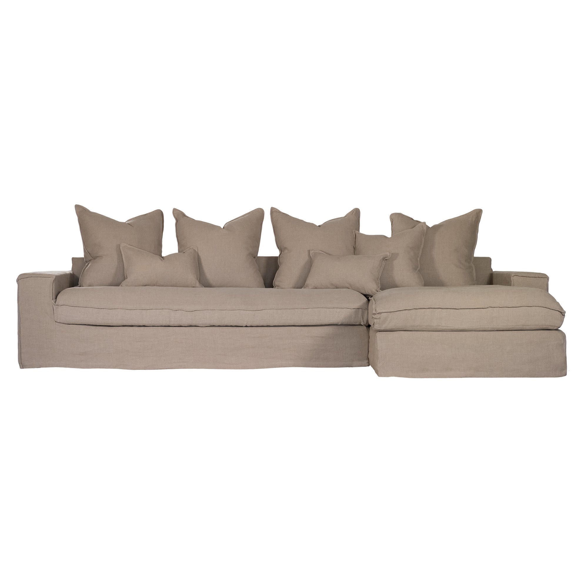 Linen slipcover sectional sofa, designed for effortless comfort and relaxed elegance. Features a modular design with plush cushions and a timeless neutral hue