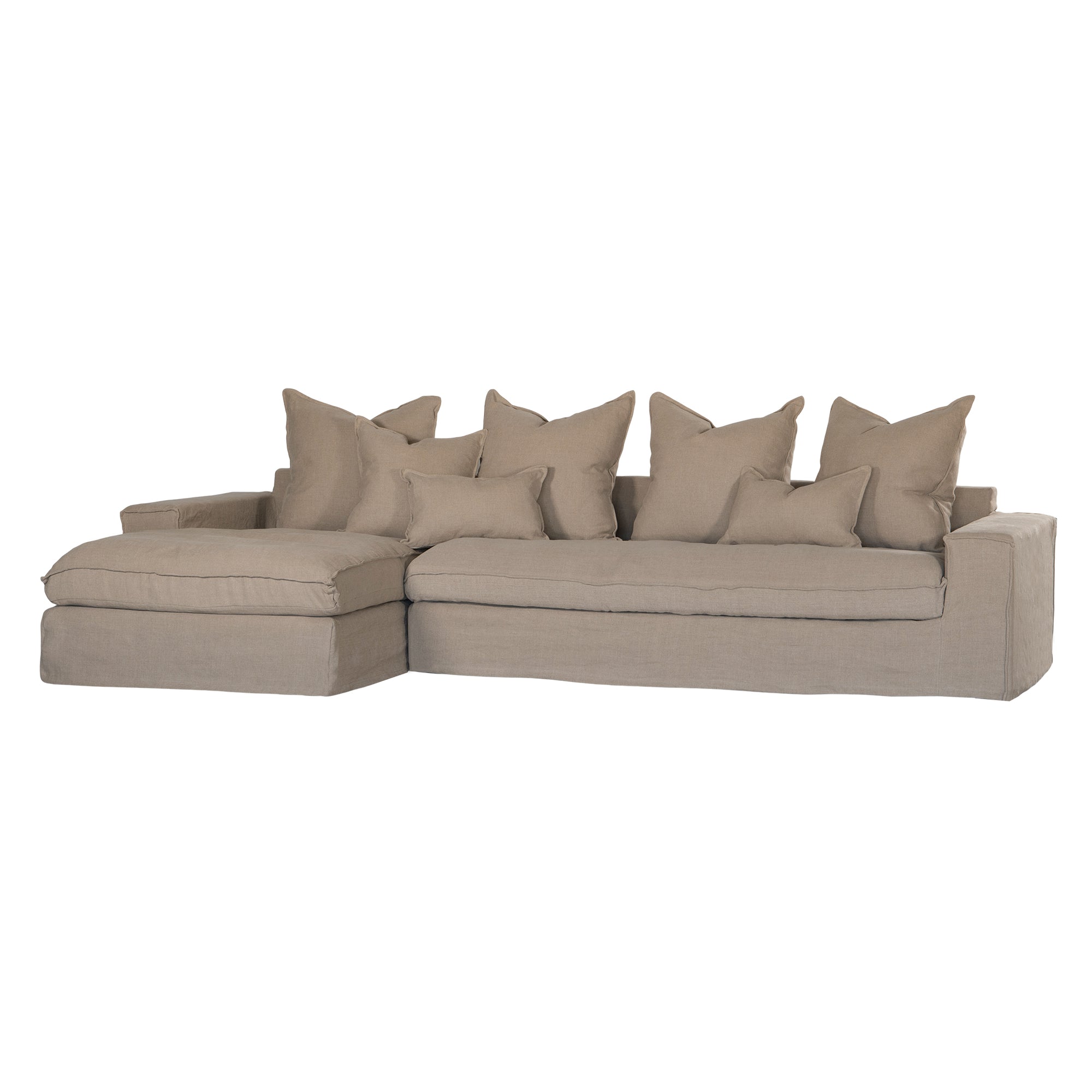 Linen slipcover sectional sofa, designed for effortless comfort and relaxed elegance. Features a modular design with plush cushions and a timeless neutral hue