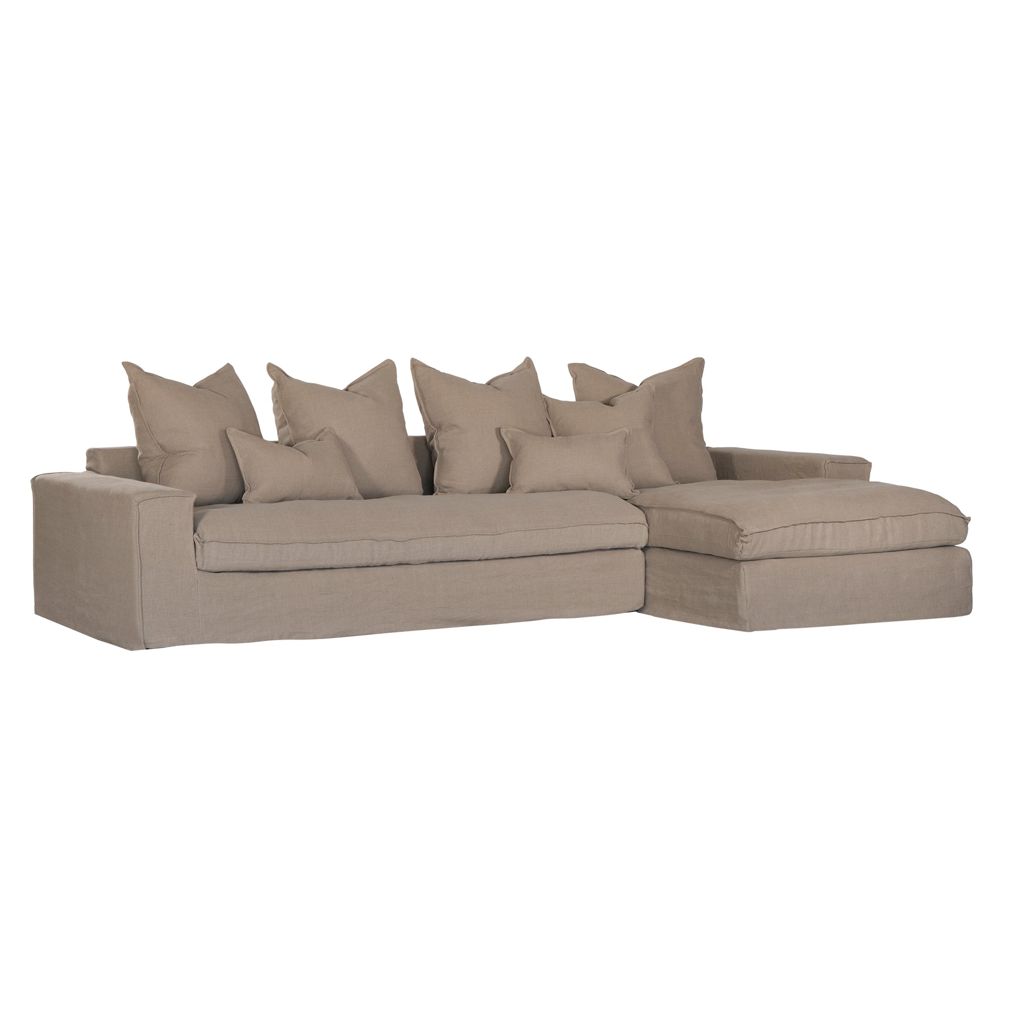 Linen slipcover sectional sofa, designed for effortless comfort and relaxed elegance. Features a modular design with plush cushions and a timeless neutral hue