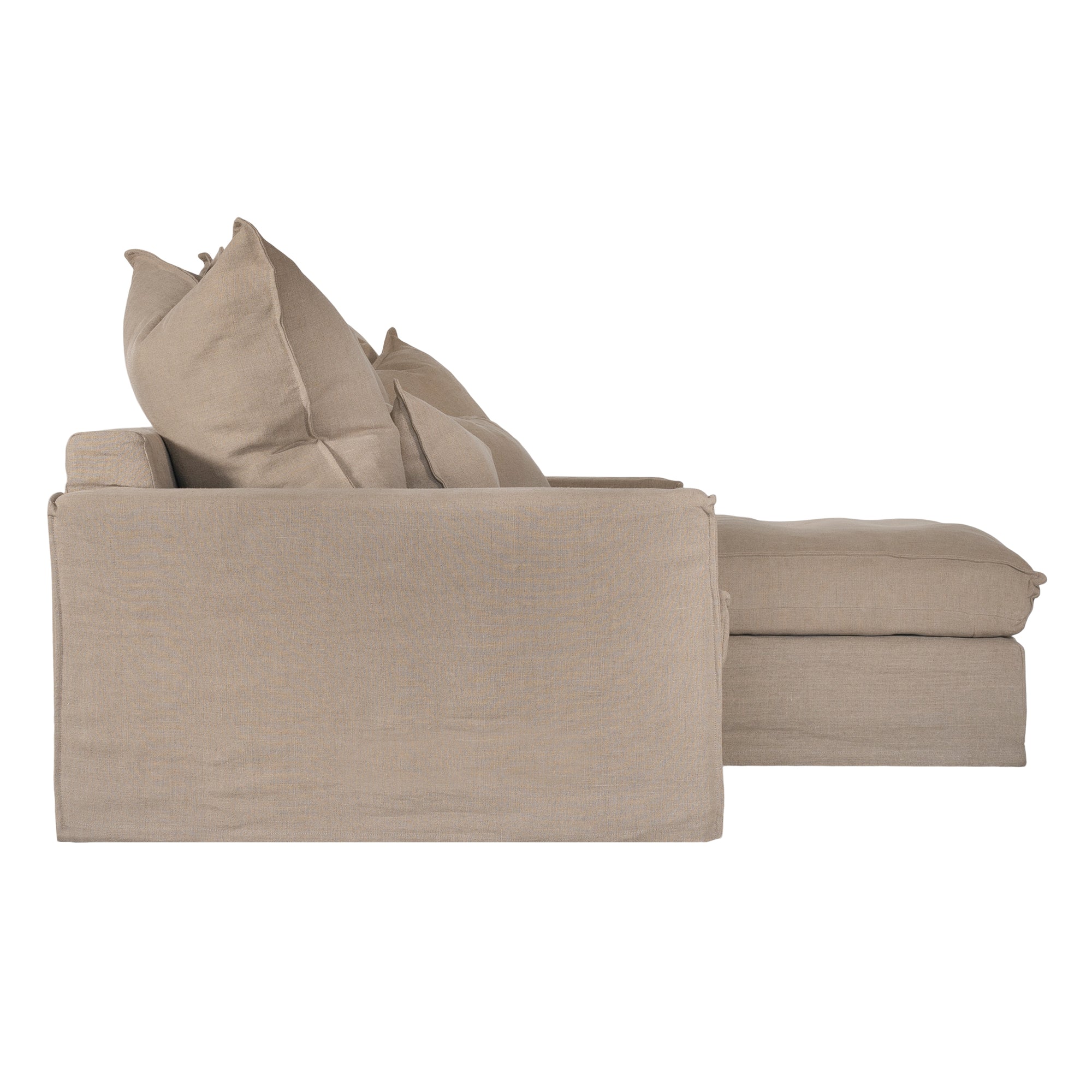 Linen slipcover sectional sofa, designed for effortless comfort and relaxed elegance. Features a modular design with plush cushions and a timeless neutral hue