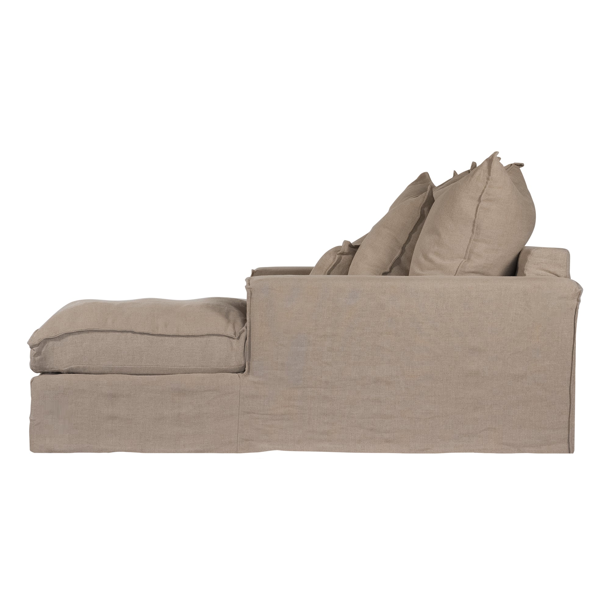 Linen slipcover sectional sofa, designed for effortless comfort and relaxed elegance. Features a modular design with plush cushions and a timeless neutral hue