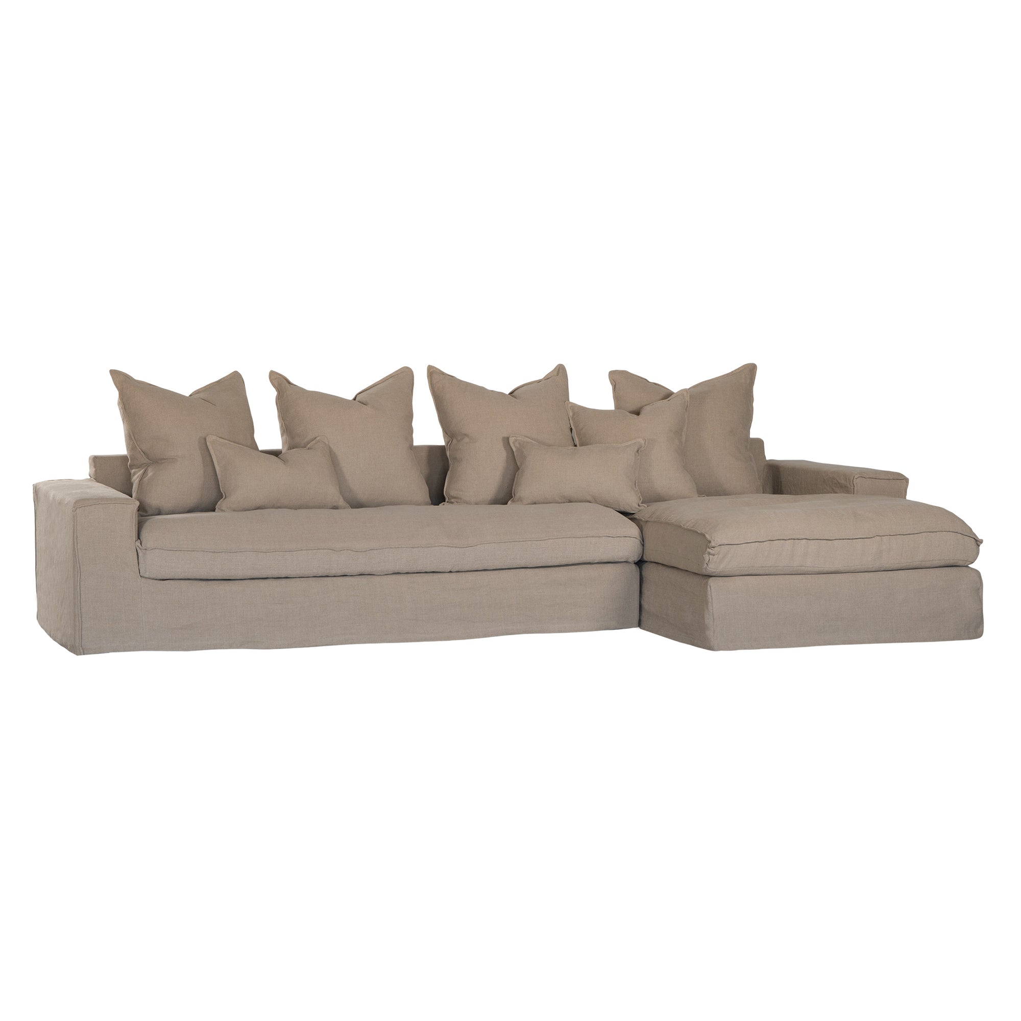 Linen slipcover sectional sofa, designed for effortless comfort and relaxed elegance. Features a modular design with plush cushions and a timeless neutral hue