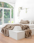 Close-up of a serene minimalist bedroom featuring a white plaster bed with soft, textured bedding in earthy tones, complemented by a cascading vine and natural light from arched windows