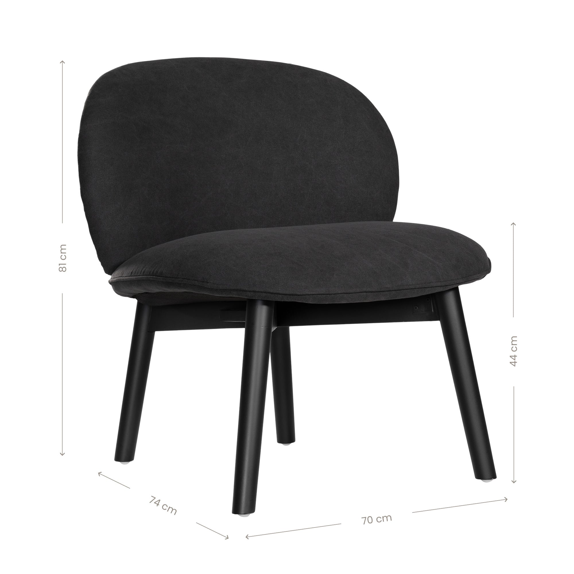 Contemporary black lounge chair with a curved backrest and plush cushioning, supported by sleek black timber legs.