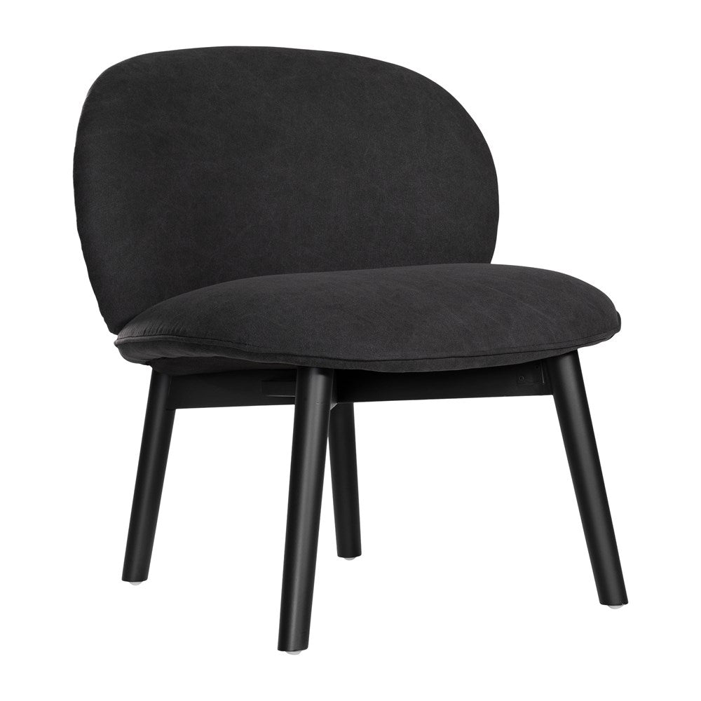 Contemporary black lounge chair with a curved backrest and plush cushioning, supported by sleek black timber legs