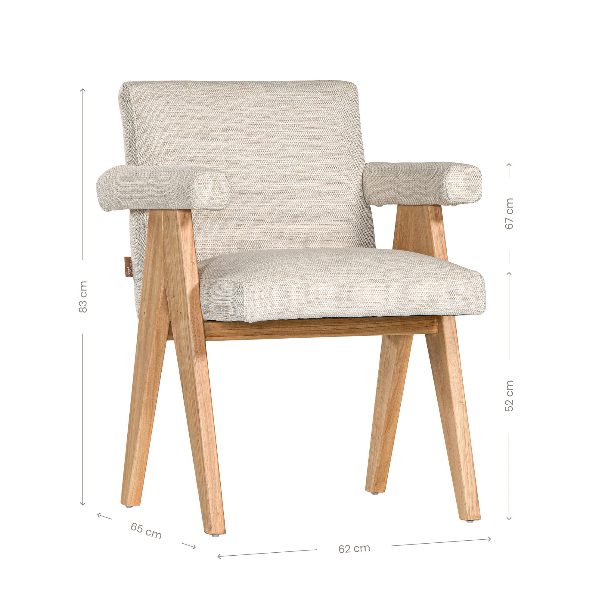 Modern oak dining chair with upholstered seat and backrest in a soft neutral fabric, featuring angled legs and cushioned armrests for comfort