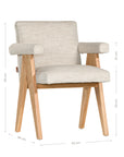 Modern oak dining chair with upholstered seat and backrest in a soft neutral fabric, featuring angled legs and cushioned armrests for comfort